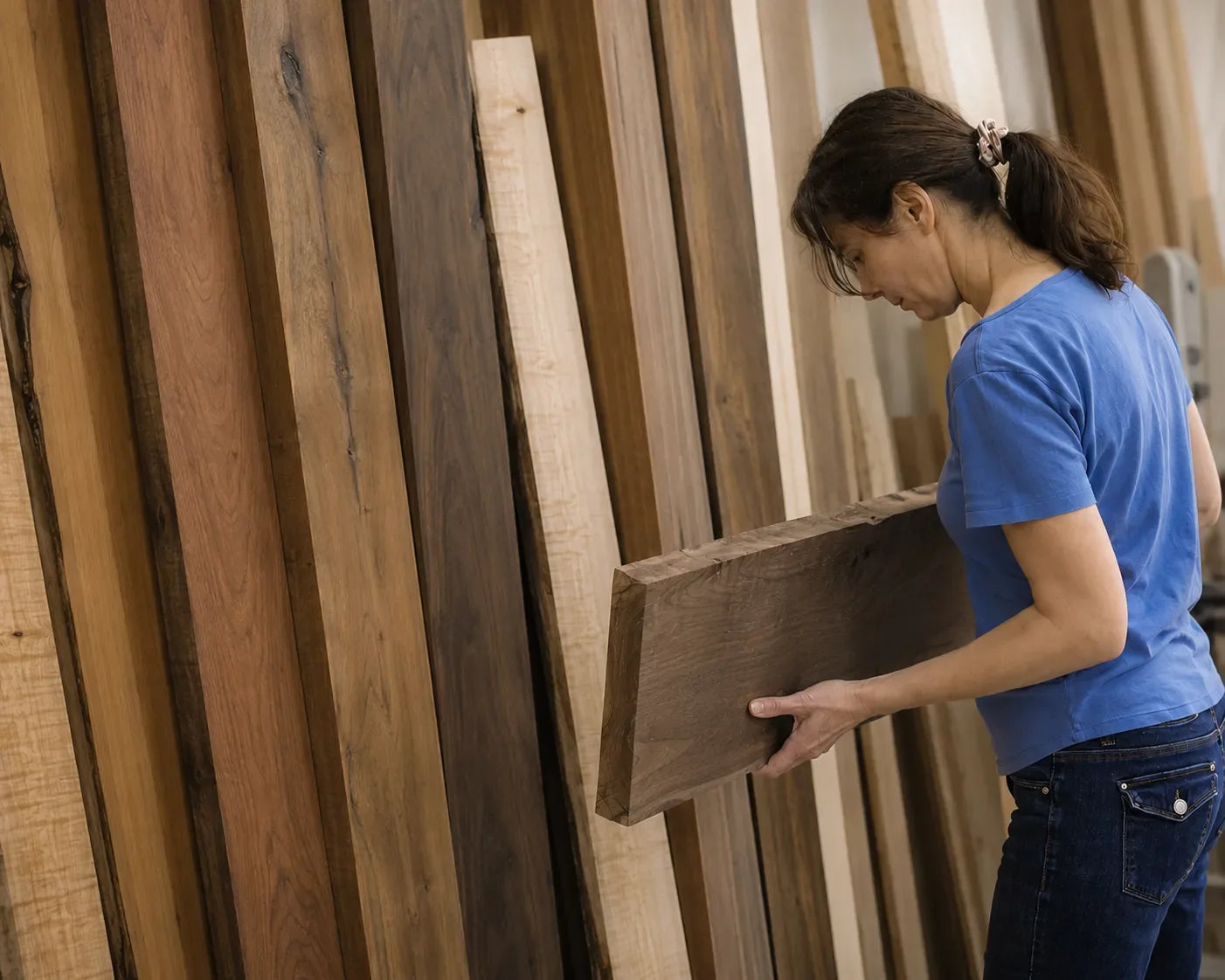 Asha lifting a walnut board from the lumber rack in the Dovetails and Stitches workshop
