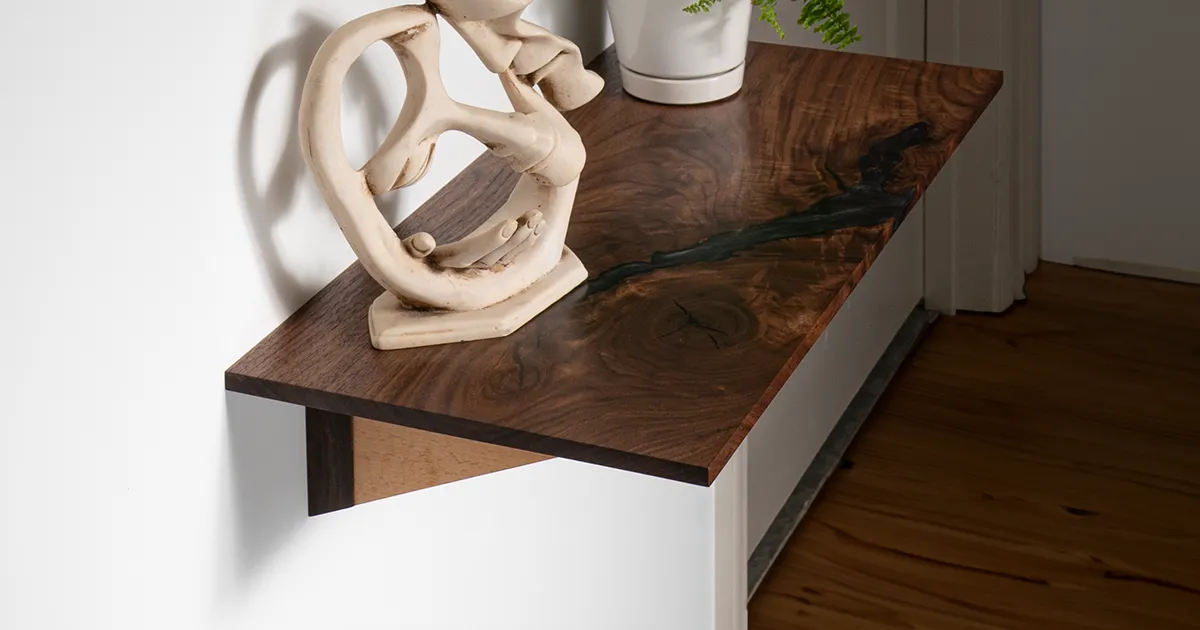 walnut floating console table detail